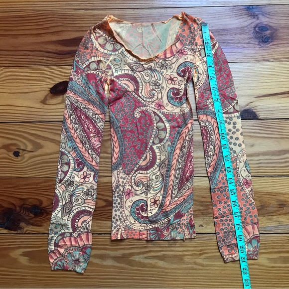 Sheer Orange Red Nude Paisley Long Sleeve Top, NWT, XS - Picture 4 of 7